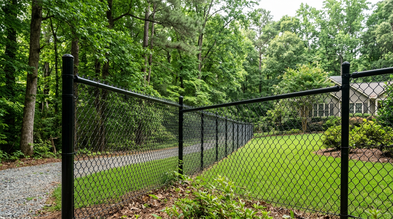 Black vinyl-coated chain link fence installed in Woodstock, GA